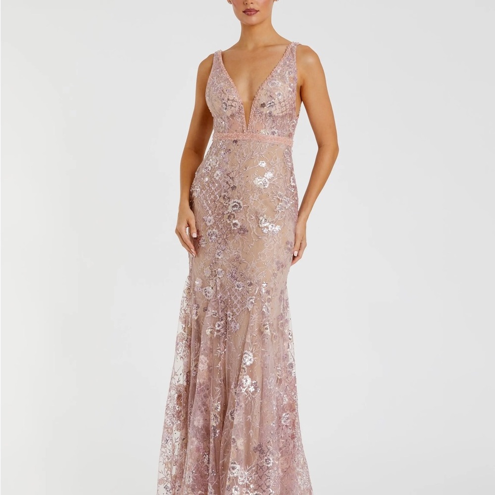 Mac Duggal [12] 67481 Rose Pink Floral Long Gown Dress Embellished Plunge Neck